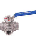 3-way stainless steel ball valve with blue vinyl locking handle, 1/2 in NPT female ports