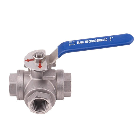 3-way stainless steel ball valve with blue vinyl locking handle, 1/2 in NPT female ports