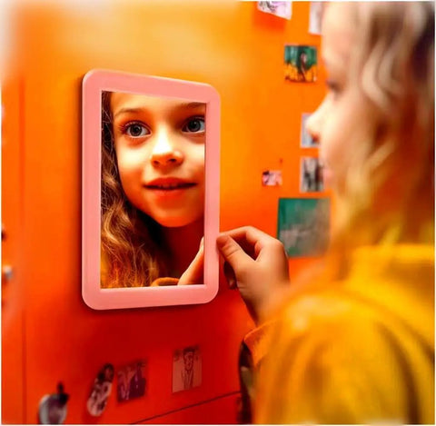 Child looking into Magnetic Locker Mirror 5x7 Inches Real Glass With Strong Magnetic Backing Pink Small Mirror For School Lockers