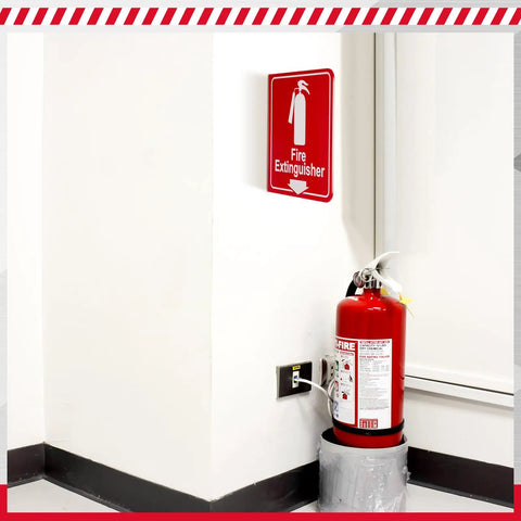 24 Pack Fire Extinguisher Signs 6.3 Inch By 6.3 Inch Durable Acrylic Warning Signs With Pre Drilled Holes Down Arrow Includes Screws And Adhesive Tape For Home Office And Biz Safety installed on wall above extinguisher
