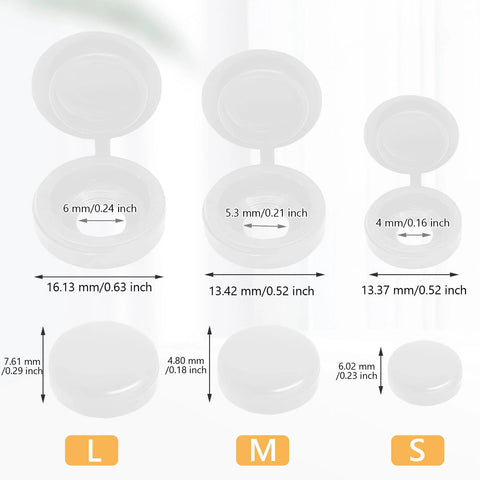 Comparison of three white hinged screw cover caps in sizes L, M, S with 200 Pack White Hinged Screw Cover Caps Made From Durable Plastic description.