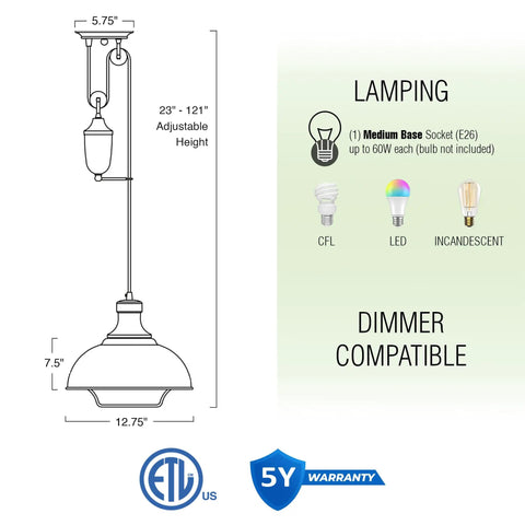 Diagram of Sequoia 13 Inch Dope Industrial Pulley Pendant Light With Dome Shade And Counterweight In Oil Rubbed Bronze Finish