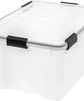 Heavy Duty 62 Quart Storage Tote With Secure Seal Lid And Six Rugged Snap Latches Stackable Plastic Dry Box, clear storage bin with black latches.