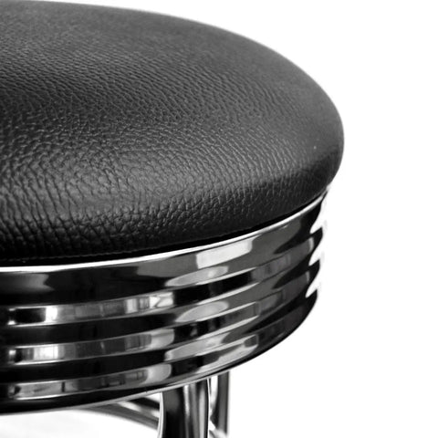 Close-up of Heavy Duty 30 Inch Backless Swivel Bar Stool With Chrome Finish And Faux Leather Seat For Kitchen Garage Or Workshop, Black