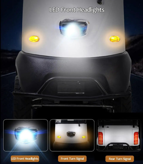 Sleek Two Seater Electric Golf Cart Packing A Badass 800W Motor And Hella Smooth 12 MPH Cruise With Dope 28 Mile Range Easy Hassle Free Plug Into Standard Outlet For Weekend Thrilling Ridin In Classic White Lithium Accent Trim showcasing LED front headlights and turn signals.
