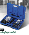 Awesome Heavy Duty 5 Ton Bearing Separator And Flywheel Gear Puller Kit For Auto Repair Pros And Do It Yourself Guys Who Want Rock Hard 45 Carbon Steel Power To Handle Stubborn Bearings Gears Pulleys And Steering Wheel Removal Tasks Efficiently, blue case open with 12-piece bearing separator set