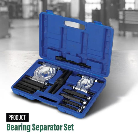 Awesome Heavy Duty 5 Ton Bearing Separator And Flywheel Gear Puller Kit For Auto Repair Pros And Do It Yourself Guys Who Want Rock Hard 45 Carbon Steel Power To Handle Stubborn Bearings Gears Pulleys And Steering Wheel Removal Tasks Efficiently, blue case open with 12-piece bearing separator set