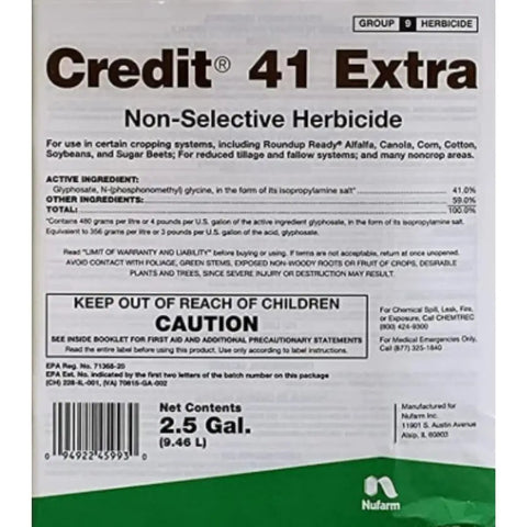 41 Percent Glyphosate Extra Herbicide For Row Crops 2.5 Gallons With Advanced Surfactant For Superior Absorption And Weed Control In Corn And Soybeans Includes Safety Gloves And Pest ID Card Easy Mix. label