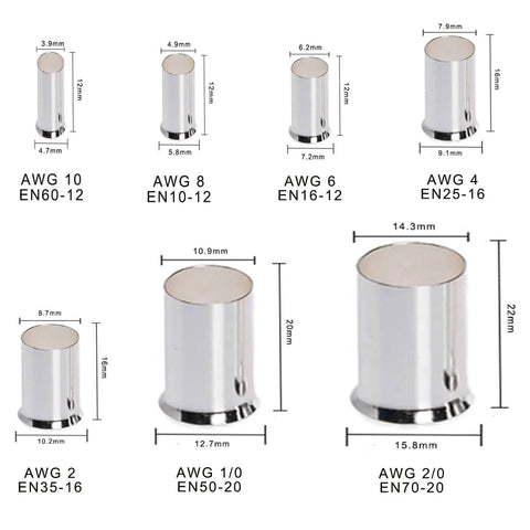Different sizes of 50 Pieces AWG 1/0 Wire Ferrules Kit With Tinned Copper Crimp Connectors Pro Grade Non Insulated End Terminals