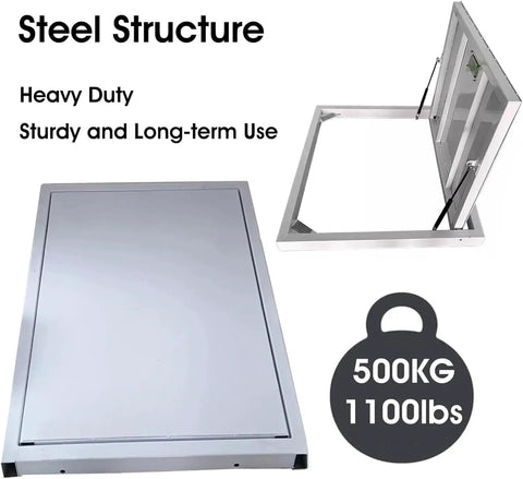 Built Tough Concealed Basement Floor Access Door With Large Suction Handle And Dual Hydraulic Struts For Zero Hassle Hidden Storage Quick Emergency Escapes And Custom Fit Home Renovations, steel structure design, heavy duty, 1100 lb capacity.