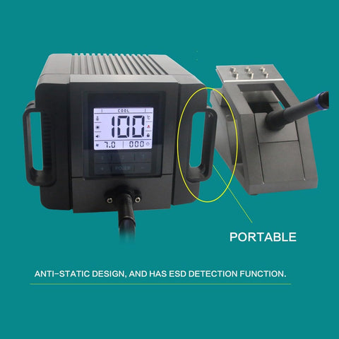Front view of the TR1100 SMD Rework Station Hot Air Soldering System with digital display and ESD protection feature.