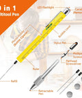 Diagram showing 9 In 1 Multi Tool Pen Set For Men And Women Stocking Stuffers Gift Idea with labeled features and yellow pen