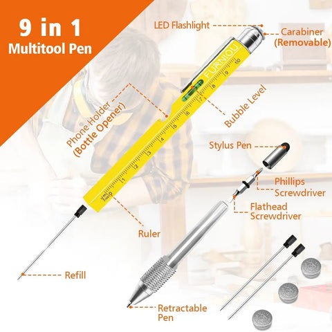 Diagram showing 9 In 1 Multi Tool Pen Set For Men And Women Stocking Stuffers Gift Idea with labeled features and yellow pen