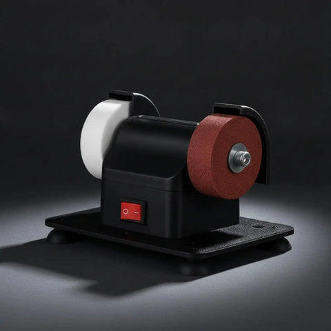 Solid Compact Corded Electric Bench Grinder Tool Polisher Cutter With Dual Wheel Setup, lightweight black base and dual abrasive wheels.