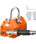 Heavy Duty Magnetic Lifter With 880 Lb Capacity And Release Pro Grade Neodymium Lifting Magnet, orange body, handle, gloves