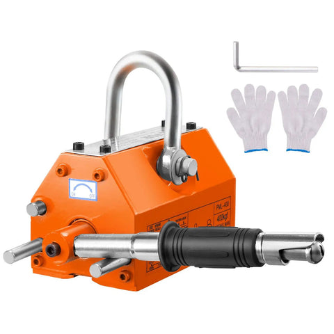 Heavy Duty Magnetic Lifter With 880 Lb Capacity And Release Pro Grade Neodymium Lifting Magnet, orange body, handle, gloves