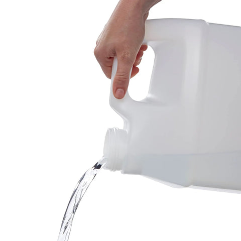 Hand pouring liquid from Two Pack Two And A Half Gallon Hedpak Liquid Storage Containers With Cap Food Grade HDPE Plastic Natural Color Heavy Duty Cap With Foam Liner Tight Seal For Shipping And Storing Liquids