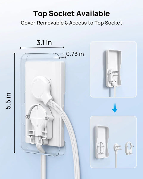 Wall-mounted flat plug power strip with USB ports, 3 outlets, 5ft extension cord, cover removed, top socket access, white.