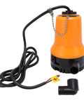 Badass Submersible Utility Pump With Rock Solid Copper Motor 45W 1110Gph Fast Water Transfer System, orange pump with black base and power cable.