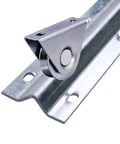 Close-up of the 12 Foot Galvanized Inverted V Track Kit with Three 4 Foot Tracks and Mounting Hardware Heavy Duty Steel Rail