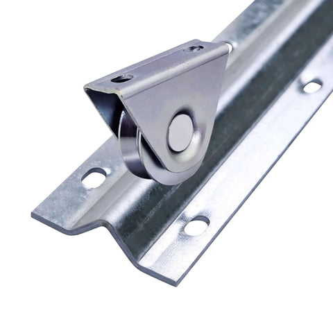 Close-up of the 12 Foot Galvanized Inverted V Track Kit with Three 4 Foot Tracks and Mounting Hardware Heavy Duty Steel Rail