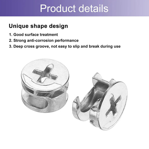 Heavy Duty Badass Furniture Cam Lock Nuts For Quick Cabinet Assembly, nickel plated, 15mm diameter for secure wood joinery.
