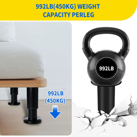 Heavy Duty Adjustable Cabinet Legs With Swivel Base Leveling Kit, Black Metal Furniture Feet Set For Uneven Floors shown supporting a mattress.