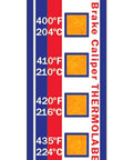 Motorsport brake caliper temperature indicator strips, 380-465°F, pack of 16 labels with orange squares.