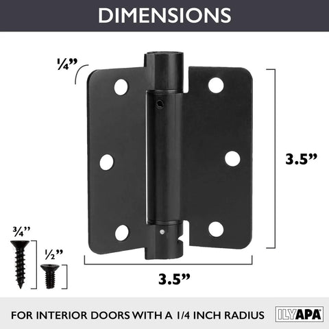 Self Closing Door Hinges 2 Pack Black Mortise Spring Hinges Heavy Duty 3.5 By 3.5 Inch with quarter inch radius dimensions