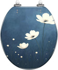Toilet Seat Replacement Round for Bathroom with floral design on blue background, measures 14.5" x 16.5", suitable for most toilets.