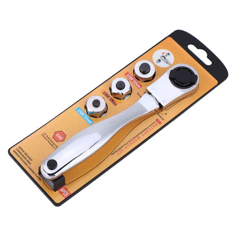 Premium Chrome Multitool Ratchet Wrench With Socket Adapter Set showing chrome handle and three socket inserts on packaging.