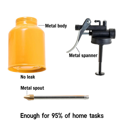 VIREYA front-view metal hand-pump oil can with metal spout and lever, orange bottle