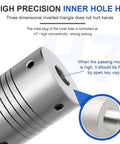 High precision aluminum shaft coupler connector showing inner hole design for 6 to 10mm bore sizes, ideal for motor drive systems.