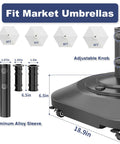 Diagram of Beefed Up Patio Umbrella Base With Wheels Fillable To 100 Lb showing adjustable sleeves and sizes for market umbrellas.