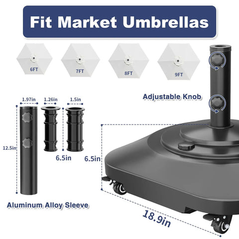 Diagram of Beefed Up Patio Umbrella Base With Wheels Fillable To 100 Lb showing adjustable sleeves and sizes for market umbrellas.