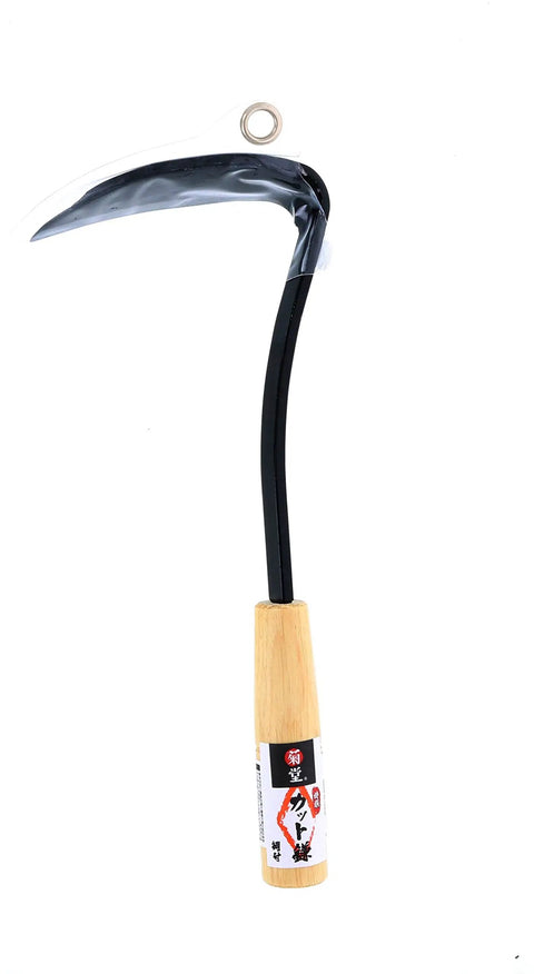 Garden Scythe For Weeding And Lawn Care With Durable Steel Blade And Ergonomic Handle showing steel blade and wooden handle