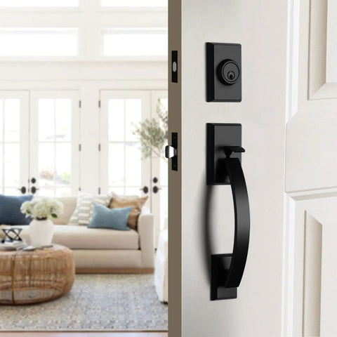 Black Front Door Lock Set With Deadbolt And Reversible Handle Single Cylinder Exterior Door Lockset on white door