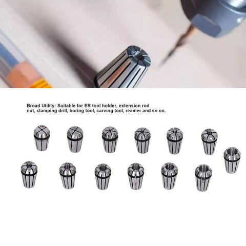13-Piece ER11 Spring Collet Set 1.0mm-7.0mm High-Clamp Pro-Grade Precision Milling Lathe Chuck Tool Kit displayed in a row