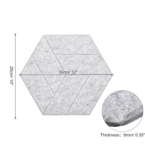 12 Pack Hexagonal Acoustic Wall Panels Sound Absorbing Polyester Foam Tiles For Home Studio Bedroom Decor Soundproofing Flame Retardant showing size and thickness.