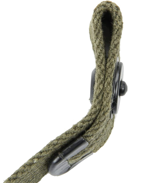 Close-up of M1 Carbine Web Sling OD Green One Inch Canvas Reproduction With Lift-The-Dot Closure WWII Style Steel Fixtures
