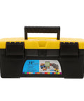 Top Shelf Plastic Tool Stash Heavy Duty Portable Carry Case For Hand Tools And Fasteners Splashproof Electrician Gear Hauler with yellow lid.