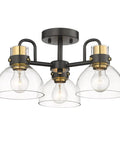 Three Light Modern Semi Flush Mount Chandelier With Clear Glass Shades Matte Black And Brushed Brass Finishes Installed