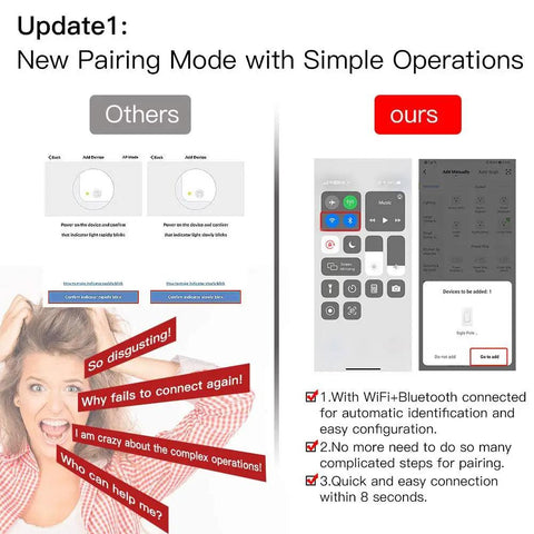 Comparison of complex and simple pairing modes for WiFi Wall Push Button Smart Light Switch 4 Gang, emphasizing ease of setup.