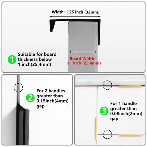 Diagram showing fitting details of 30 Pack Matte Black Concealed Tab Cabinet Pulls For Kitchen Cabinets And Drawers 5.9 Inch Length Hidden Finger Pulls With Modern Edge Mount Hardware For Cabinets Dresser And Wardrobe, with board width and gap measurements.