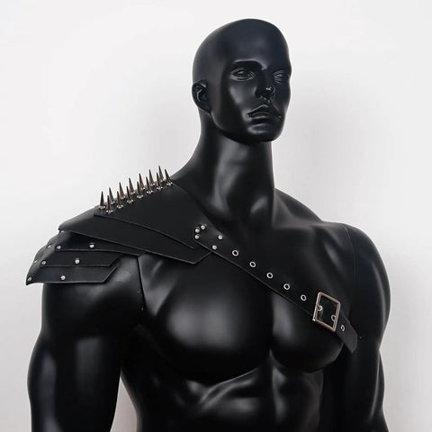 Medieval Shoulder Armor Harness With Rivet Guards For Cosplay on mannequin, adjustable PU leather set