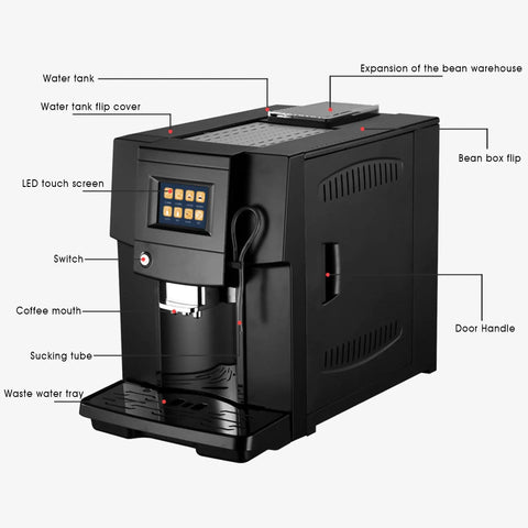 Smooth Operator Electric Espresso Machine With Creamy Milk Frother And Custom Grind Settings Smart Touch Screen Control with labeled parts.