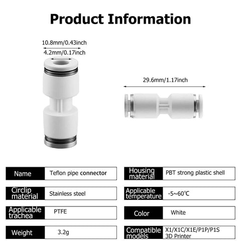 No Sweat Must Have Heavy Duty Magnetic AMS Tubing Connector For Bambu Lab P1P P1S X1 X1C X1E 3D Printers, Teflon pipe connector white.