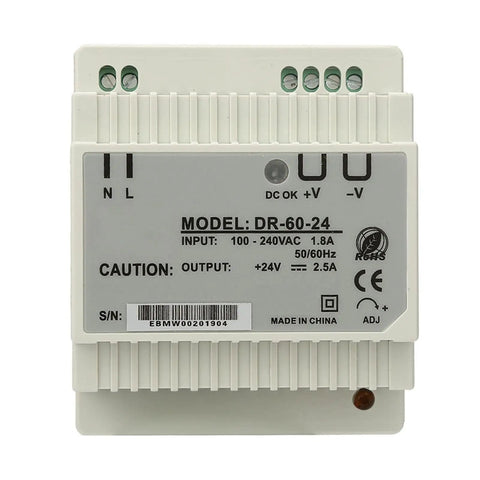 60W 24V DIN Rail Power Supply, Single Output AC DC Switching PSU DR-60-24, rail-mounted aluminum case