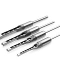 Badass 4 Piece Steel Mortising Chisels Set displaying four hollow ground blades for precision woodworking. High speed steel.