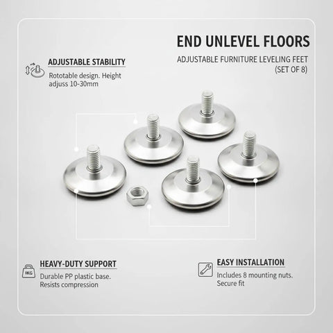 Set of 8 Adjustable Furniture Leveling Feet With Mounting Nuts For Sofas And Cabinets On Uneven Floors 0.4 To 1.2 Inch Range Durable PP Plastic